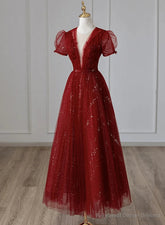 Wine Red Tulle Short Sleeves Long Party Dress Wine Red Evening Gown prom dresses shops